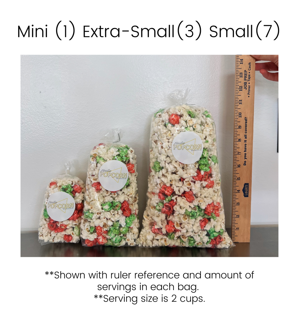 photo showing sizes of popcorn mini, extra small, and small