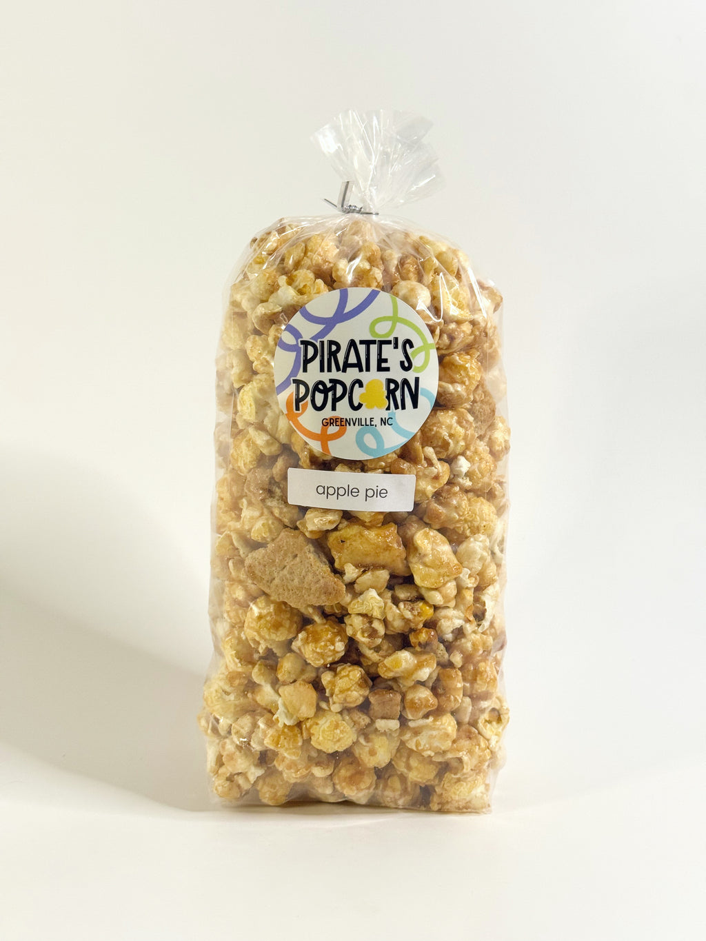 Bag of Pirate's Popcorn with a label on a white background gourmet popcorn gift bag