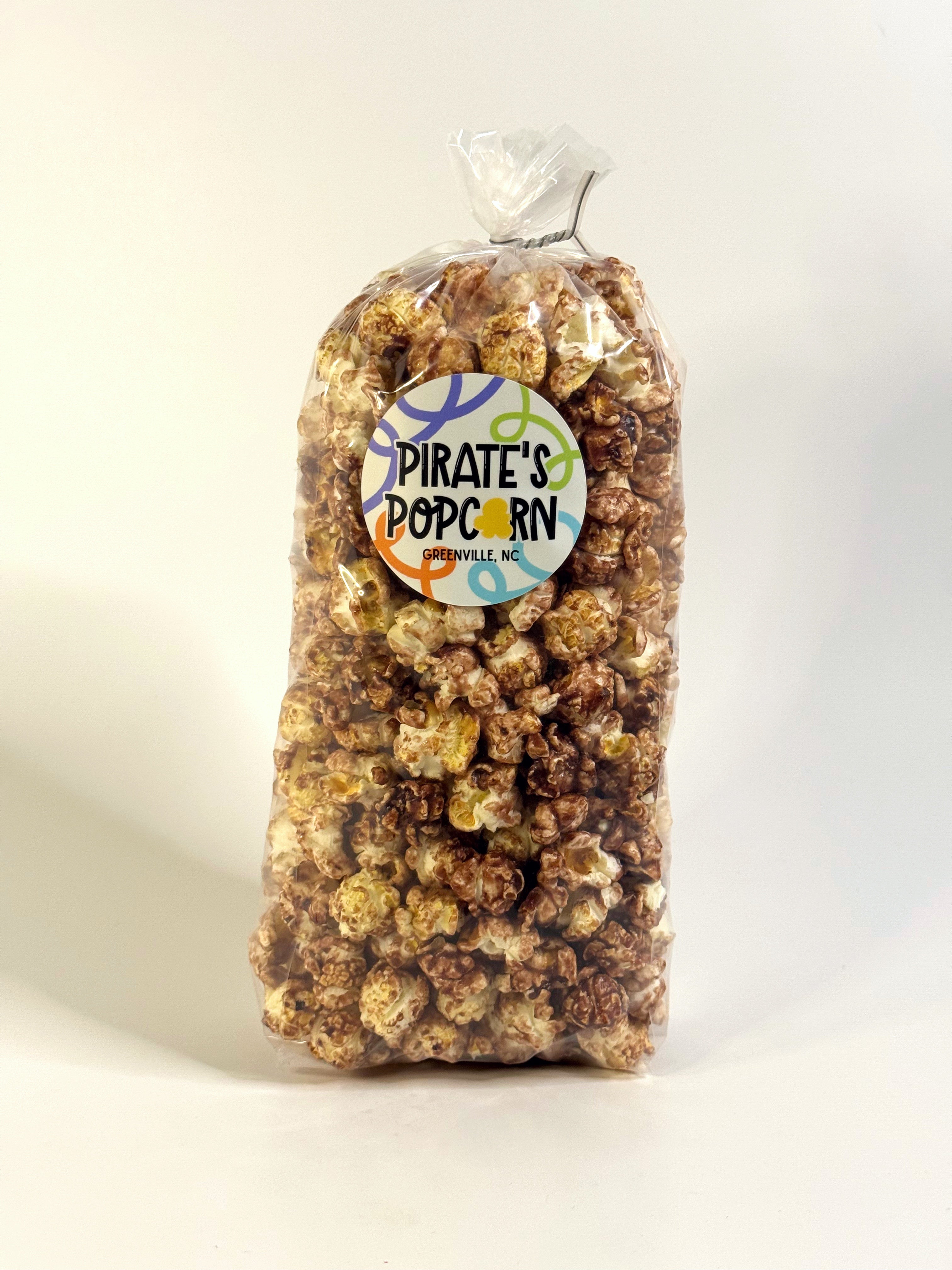 Bag of Pirate's Popcorn with a label on a white background gourmet popcorn gift