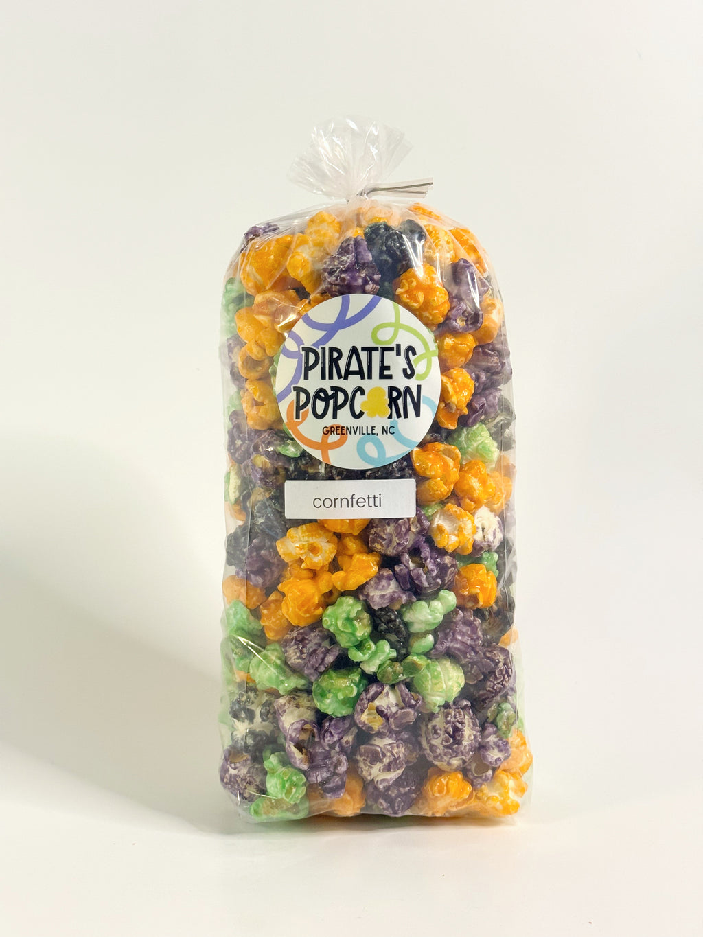 Bag of Pirate's Popcorn cornetti on a white background gourmet popcorn gift bag