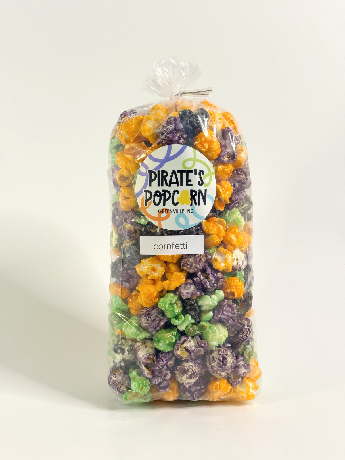 Bag of Pirate's Popcorn cornetti on a white background gourmet popcorn gift bag