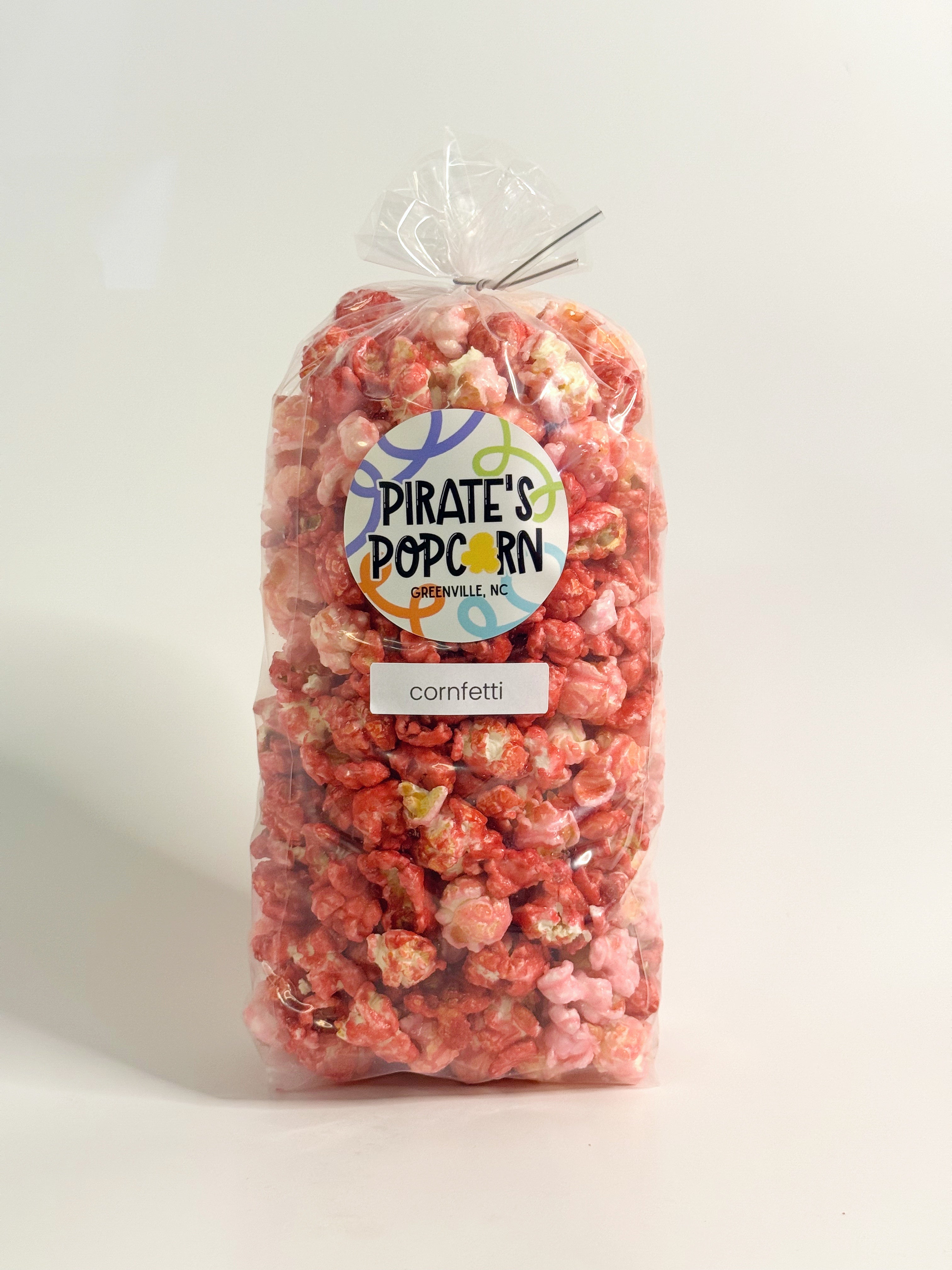 Bag of Pirate's Popcorn with a colorful label on a white background Valentine gourmet popcorn gift bag